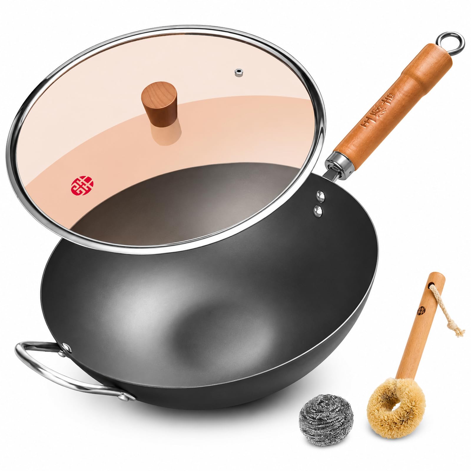 WANGYUANJI 13.4 Inch Carbon Steel Wok Pan with Glass Lid, Flat Bottom Chinese Stir Fry Wok for Induction, Gas and Electric Stoves, Uncoated Iron Wok for Stir Frying, Sautéing and Deep Frying
