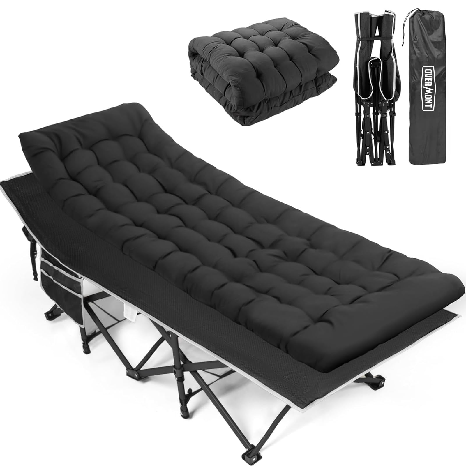 OVERMONT Lettino da Campeggio Brandina Pieghevole - Letto Pieghevole Portatile Singolo con Materasso - XL Caricabile Fino 250 kg - con Tasca Laterale per Esterni Viaggi Spiaggia Giardino Ufficio