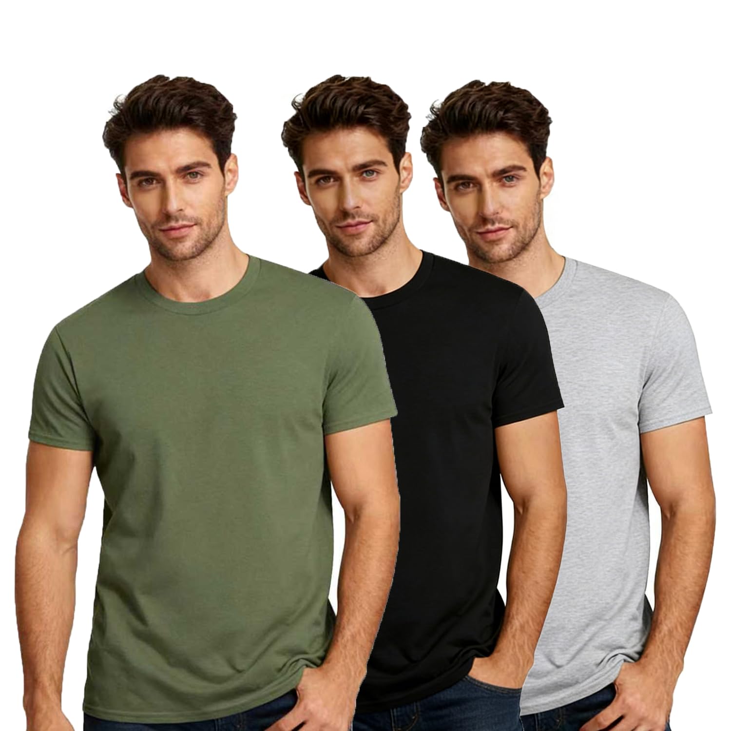 TXC-JY 3 Piece Men's T-Shirt Cotton Short Sleeve Classic Crew Neck T-Shirt,Playera Hombre,Playeras Interiores Hombre Algodon (MX/US, Alfa, Chico, Regular, Regular, Verde + Gris + Negro)