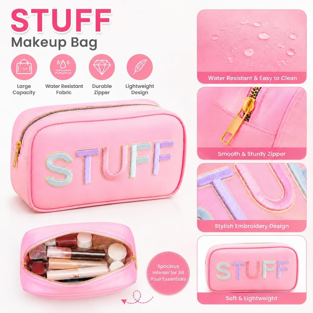 Women Stuff Makeup Bag, Girls Preppy Pink Travel Cosmetic Pouch image 3