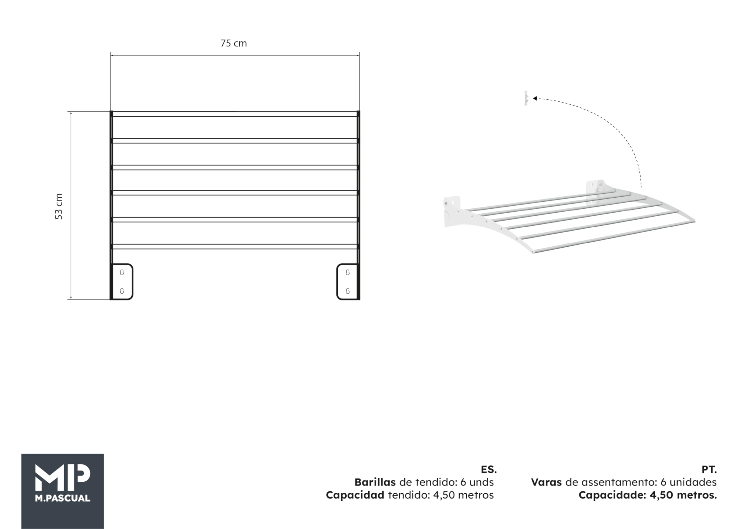Tendedero de Pared Plegable | Aluminio | 75 cm, Blanco | Interior y Exterior
