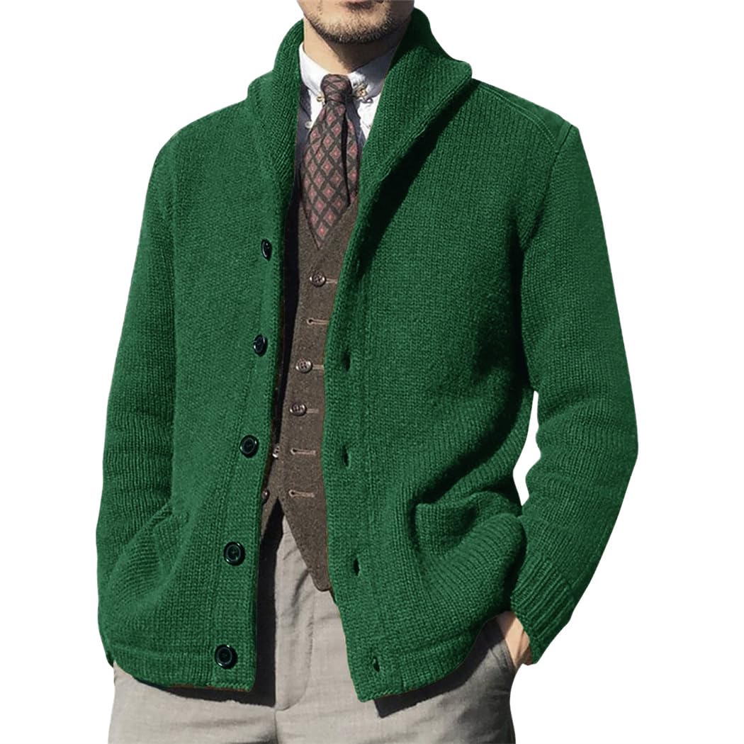 Wekumgy Mens Shawl Collar Cardigan Sweater Button Down Ribbed Knit Sweaters Chunky Casual Cardigan with Pockets Green
