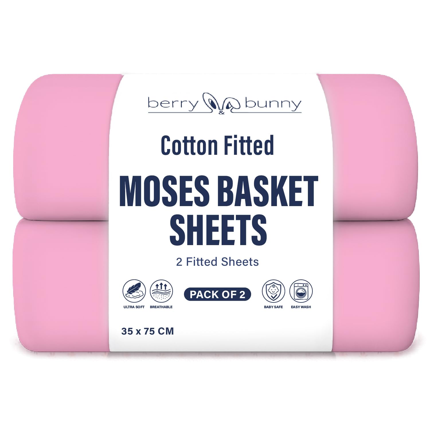 Berry and Bunny 100% Cotton Moses Basket Sheets Pack of 2, Soft Breathable Elasticated Baby Fitted Sheets, 35 x 75 cm, Deep Fit Mattress protector, Baby Bedding All Seasons