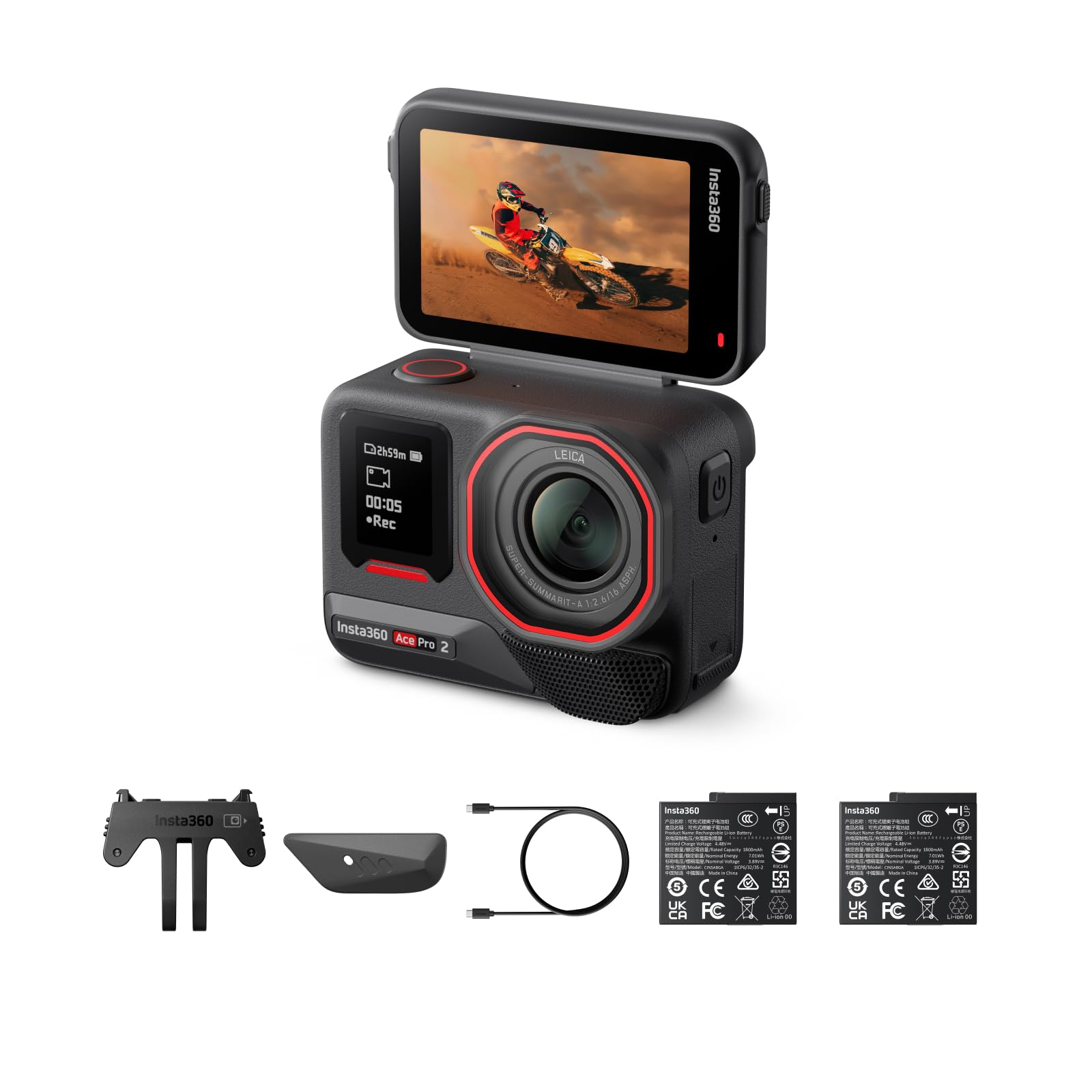 Insta360 Ace Pro 2 Dual Battery Bundle - 8K Waterproof Action Camera Co-Engineered with Leica, 1/1.3" Sensor, Dual AI Chip, Leading Low Light, Superior Audio