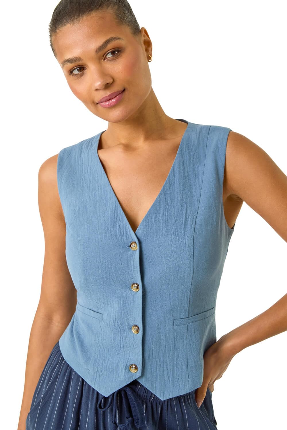 Roman Originals Women's Denim Cotton V-Neck Button Through Waistcoat For Uk - Everyday Holiday Spring Summer V-Neckline Comfy Soft Evening Vacation Work Party - Size 18