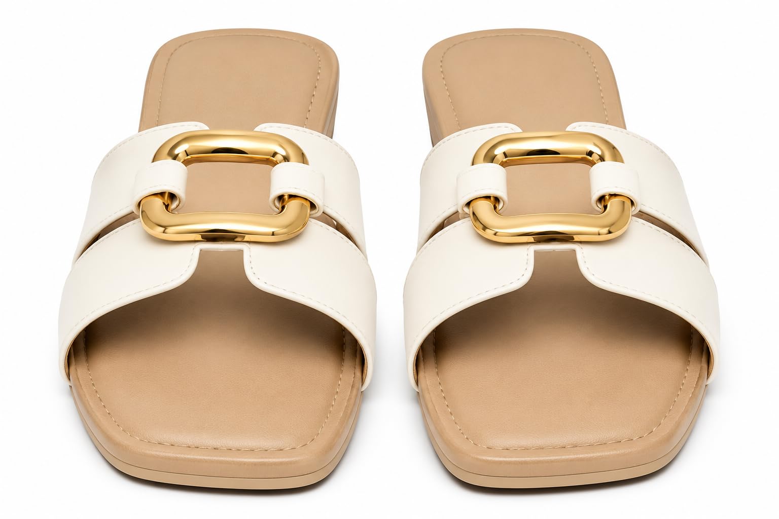 Women's Flat Slip-On Sandals | Square Toe Open Toe Casual Slides | Gold Buckle Fashion Slippers | Comfortable Daily Wear Footwear | Off White-image-4