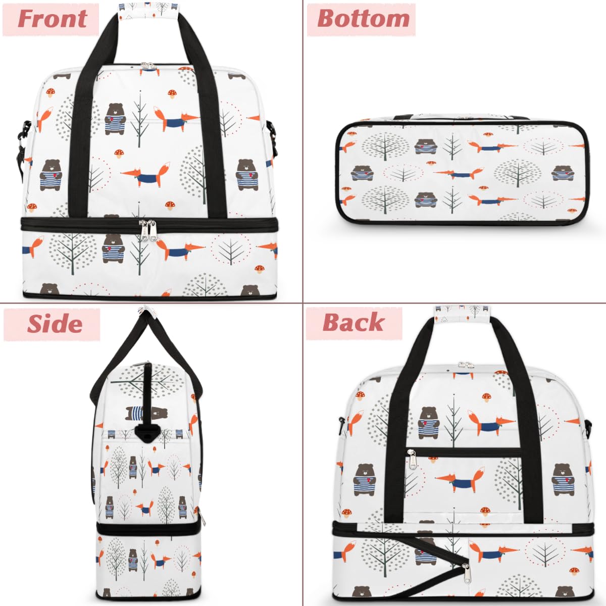 Fox Bear Forest - Borsone da viaggio pieghevole, 47 l, con maniche a trolley, borsa a tracolla separata bagnata per sport, palestra, viaggi, Multi, 47L, Borsone da viaggio