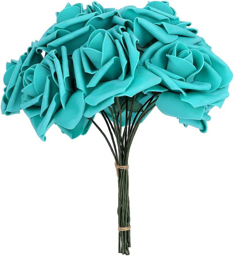 Febou Artificial Flowers, 50 pcs Real Touch Artificial Foam Roses Decoration DIY for Wedding Bridesmaid Bridal Bouquets Centerpieces, Party Decoration, Home Office Decor (Standard Type, Teal Green)