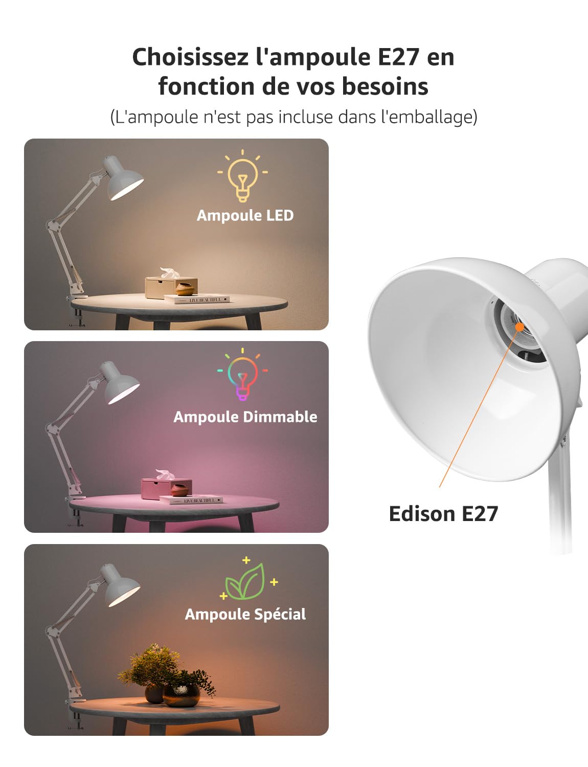 Lepro Lampe de Bureau Pince E27 Métal Interrupteur à Fil Blanc
