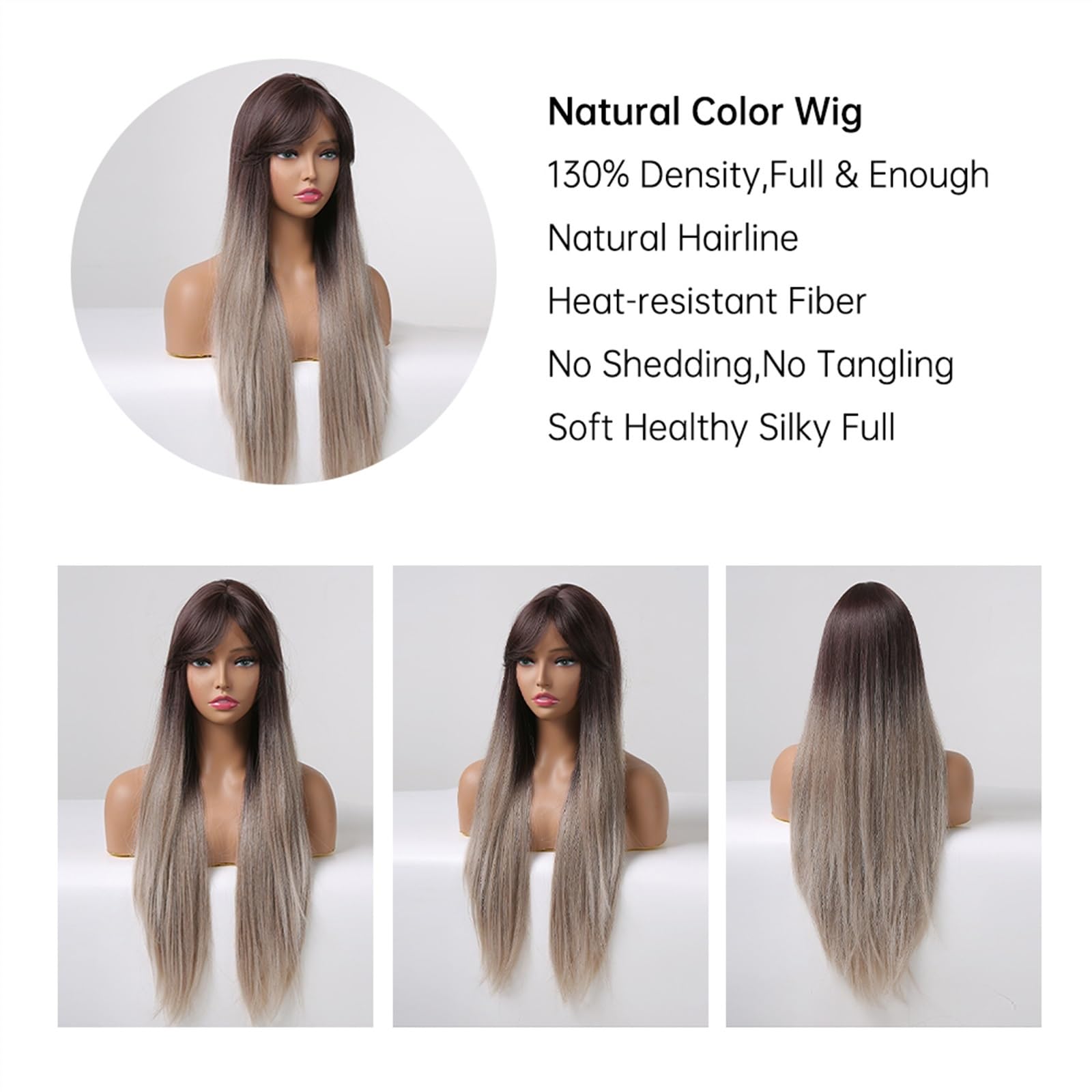 Peruki z koronką falową Długie syntetyczne Ombre brązowe szare peruki z grzywką proste Cosplay peruki naturalne dla czarnych kobiet żaroodporne sztuczne włosy Peruki z naturalnych włosów syntetycznych