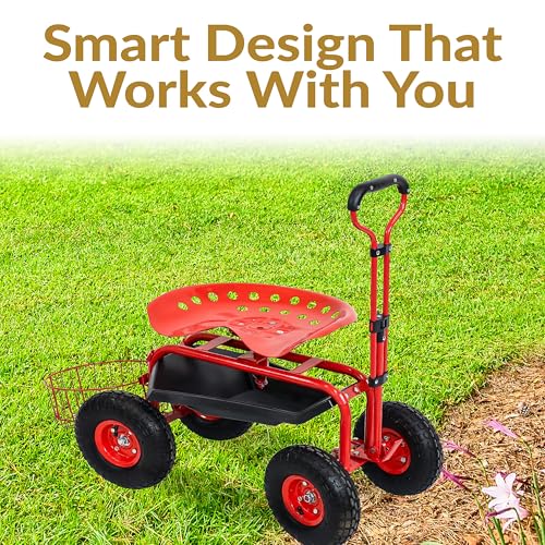 Sunnydaze Garden Cart with Wheels - Garden Stool on Wheels - Rolling Gardening Seat with Extendable Handle - Swivel Seat - Red