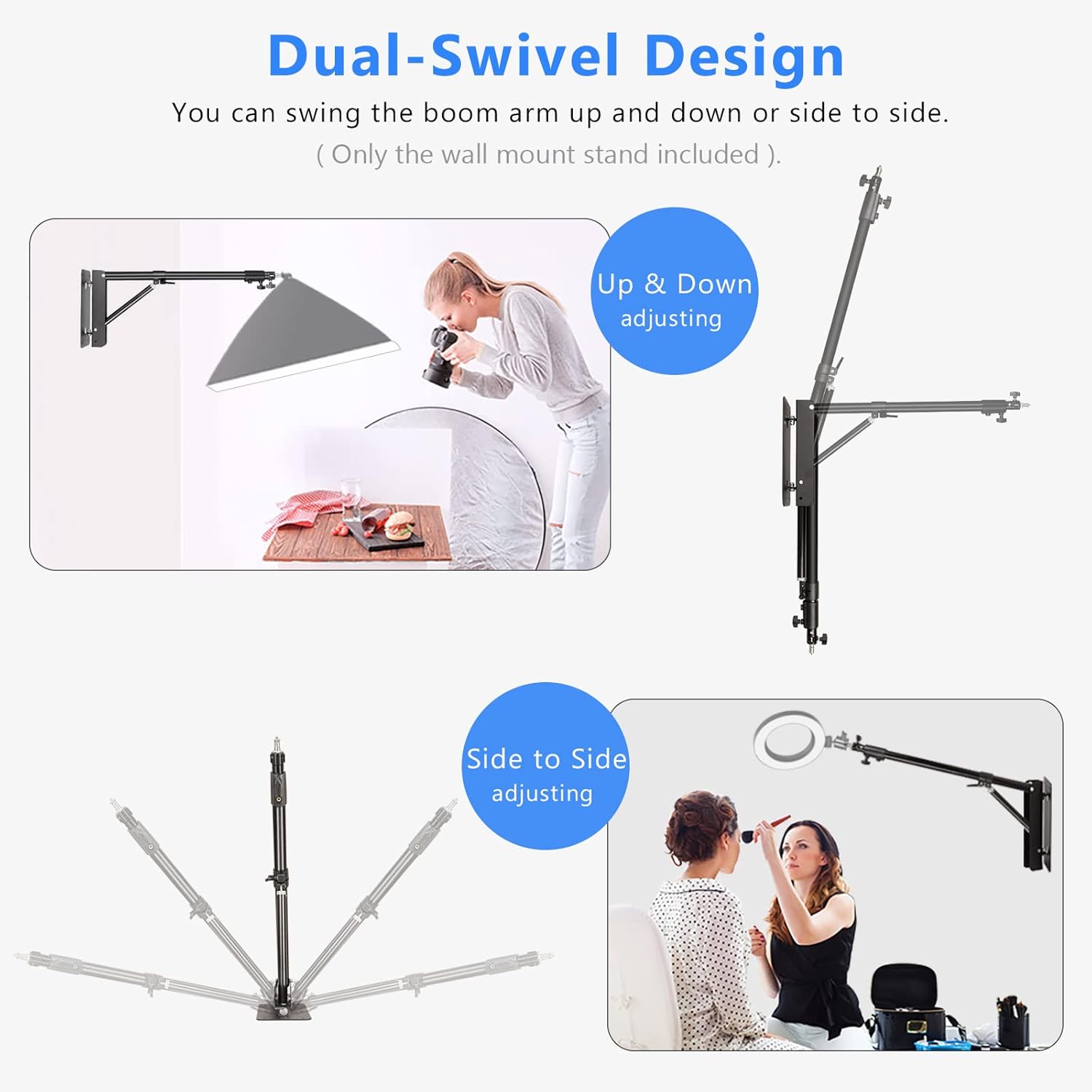 Ring Light Wall Mount with Triangle Base, 51inch/130cm Length Adjustable Support 180° Flexible Rotation, Wall Mount Boom Arm Up to 4.3ft for Photography Strobe Flash, Softbox, Reflector