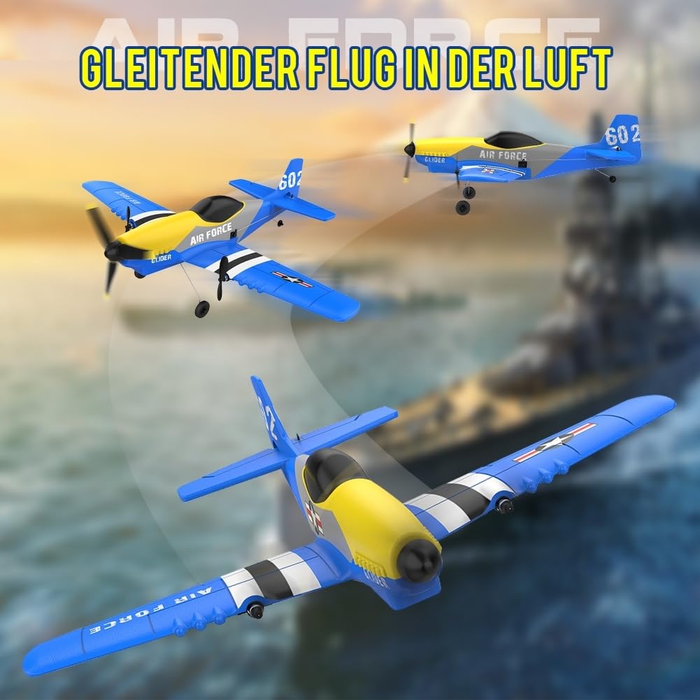 Fremego RC Flugzeug RTF,P51 3 Kanal Ferngesteuertes Flugzeug für Anfänger | 2,4GHz P-51D Mustang Kampf Flugzeugs mit 6-Achsen-Gyro-Stabilisator&2 Batterien für Erwachsene