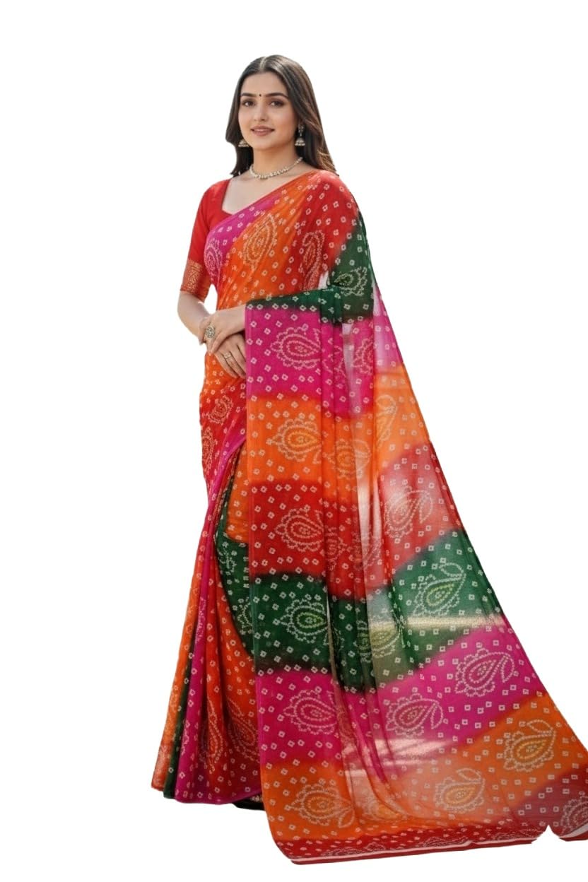Georgette Blend Bandhani Saree, Multicolor, Pink, Orange, Green and Red, Traditional Print, Festive-image-44