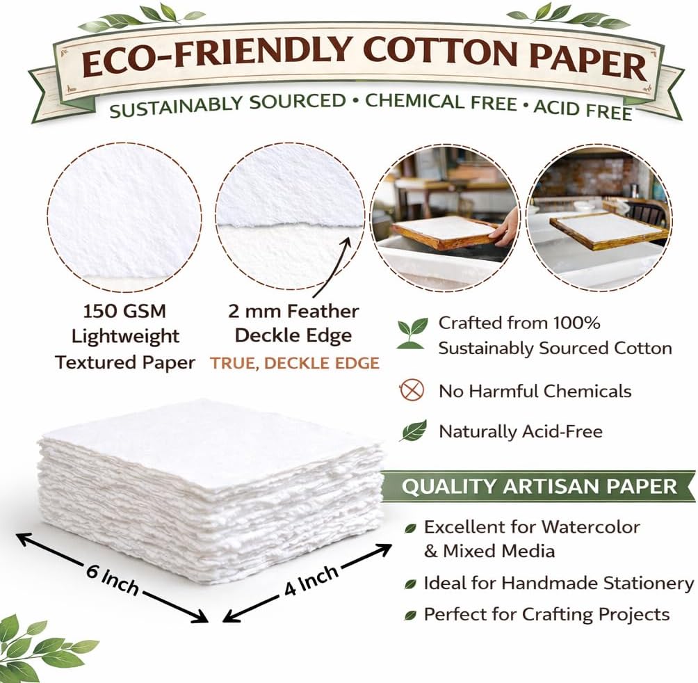 Handmade White Deckle Edge Blank Paper - 4x6 Inch Package of 50 - Mixed Media Loose Leaf Paper for Postcards, Invitations, Crafts and Announcements - Thick 150 GSM