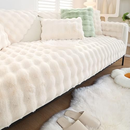 Funda de sofá de piel sintética suave y cálida, gruesa y peluda, antideslizante, de color sólido, protector de muebles para niños, mascotas (crema,