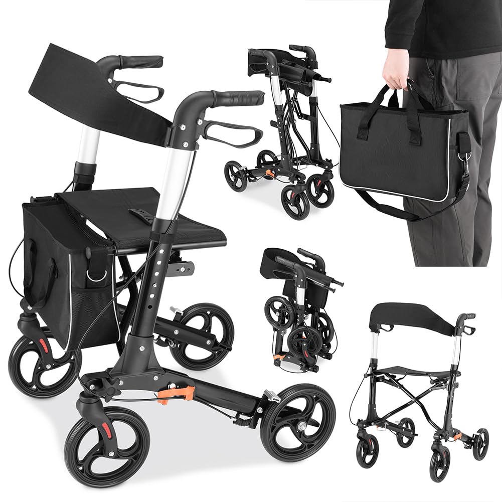 BAKAJI Deambulatore Richiudibile Salvaspazio con Seduta per Anziani, Disabili e Persone con Mobilità Ridotta, Walker con Borsetta e Maniglie Ergonomiche, Assistenza con Freni e Altezza Regolabile