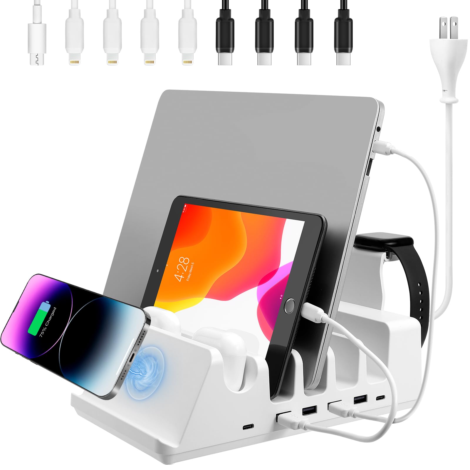 Charging Station 150W /w 2 USB-C & 4 USB Fast Charging, Wireless Charging seats for a mobile & 2 Airpods/Buds, compatible/w iPhones, iPads, tablets, Macbook, laptops up to 65W(20V), by JuSoFU