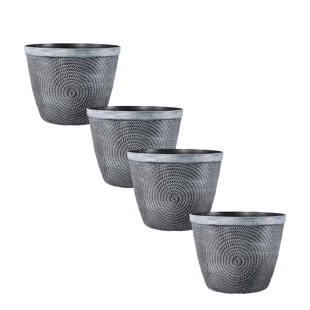 Shopior 23Cm-Pack 4 Round Grey Plastic Spiral Plant Pot – Glossy Modern Indoor & Outdoor Planter With Drainage Holes | Frost Proof Decorative Garden Flower Pot For Patio, Balcony & Home (Spiral Planter, 23Cm Grey, 4Pack)