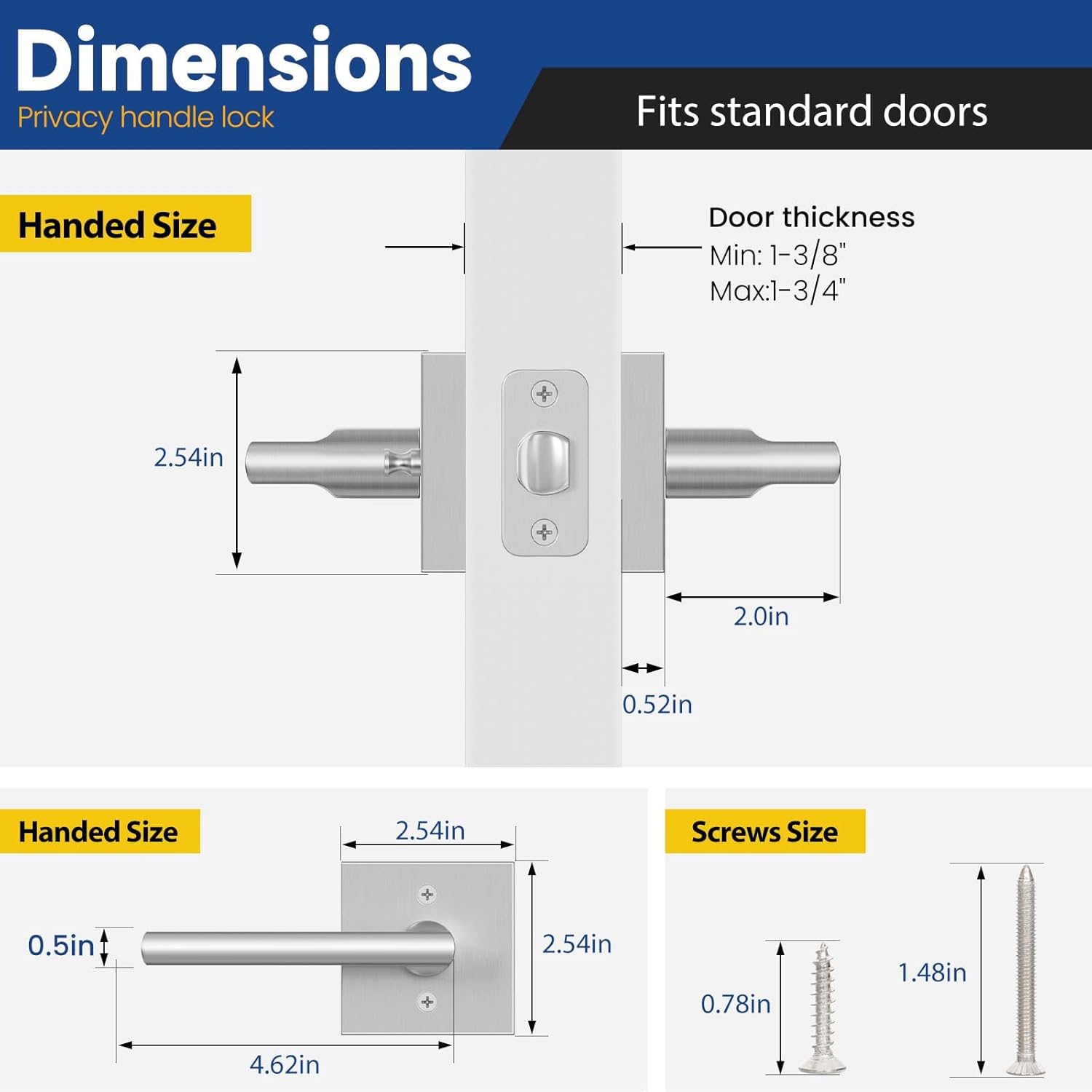 6 Pack Brushed Nickel Door Handles Bathroom Privacy, Heavy Duty Interior Door Levers, Keyless Reversible Square Door Handle Door Knob