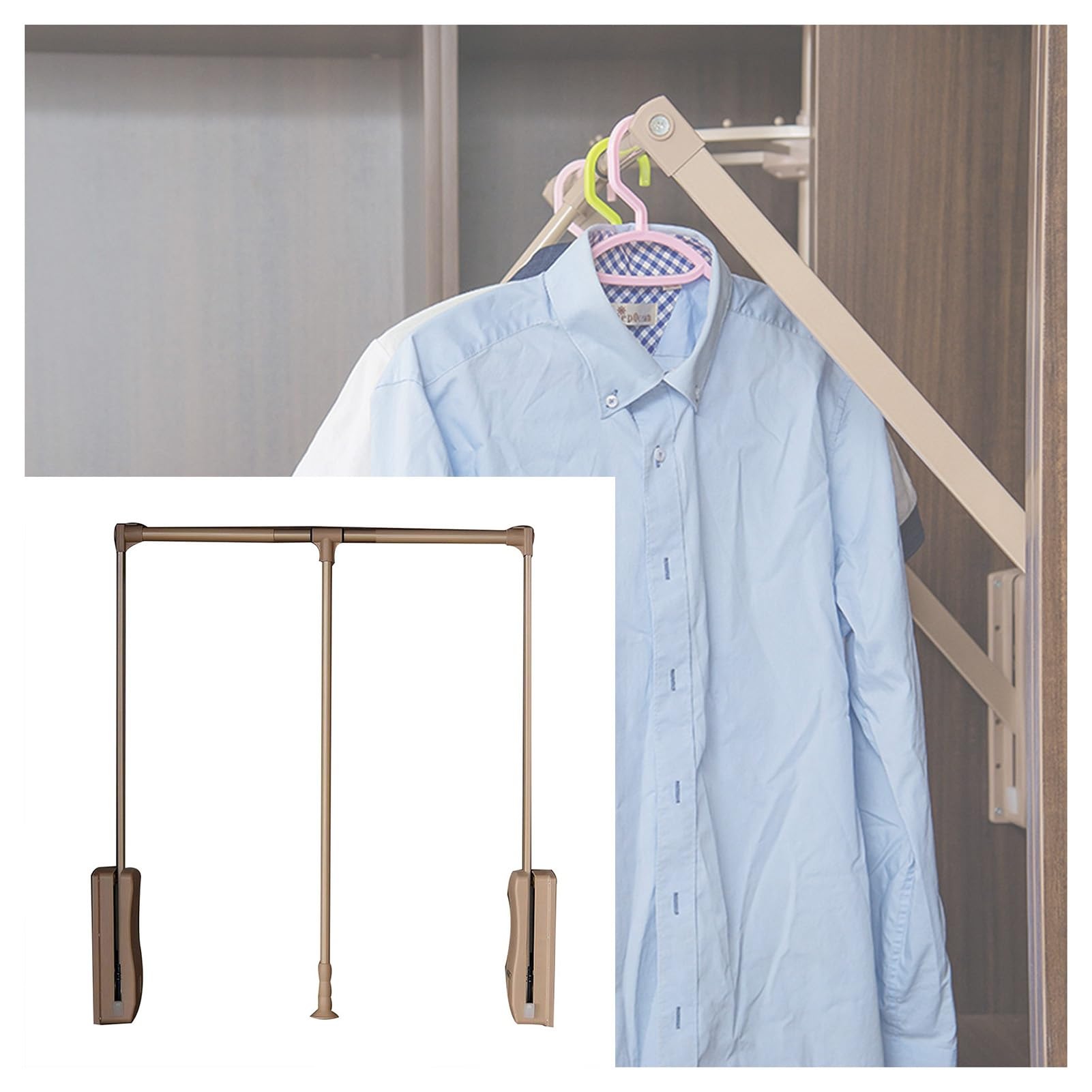 GTHTUHFD Adjustable Pull Down Closet Rod, 550-1250Mm Pneumatic Clothes Rail, Heavy-Duty Wardrobe Hanger, 20Kg Load Capacity, Space-Saving Solution Brown-930-1250mm