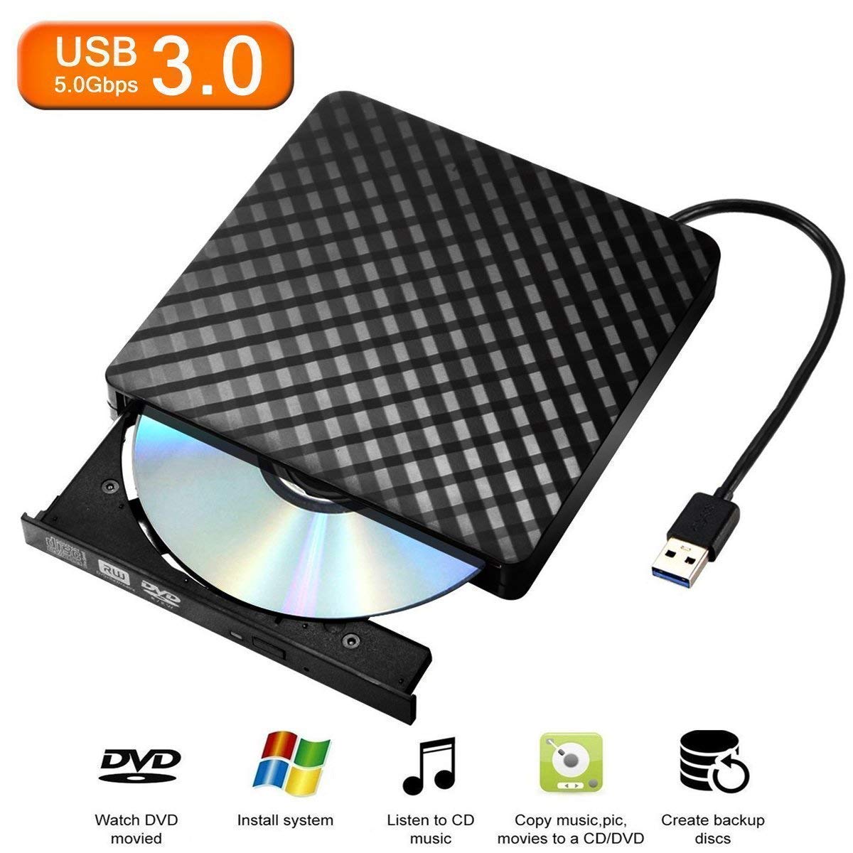 External DVD Drive USB 3.0, CD DVD Burner & Reader for Laptop, Macbook & Computer, Ultra thin & Fast Writing Speed