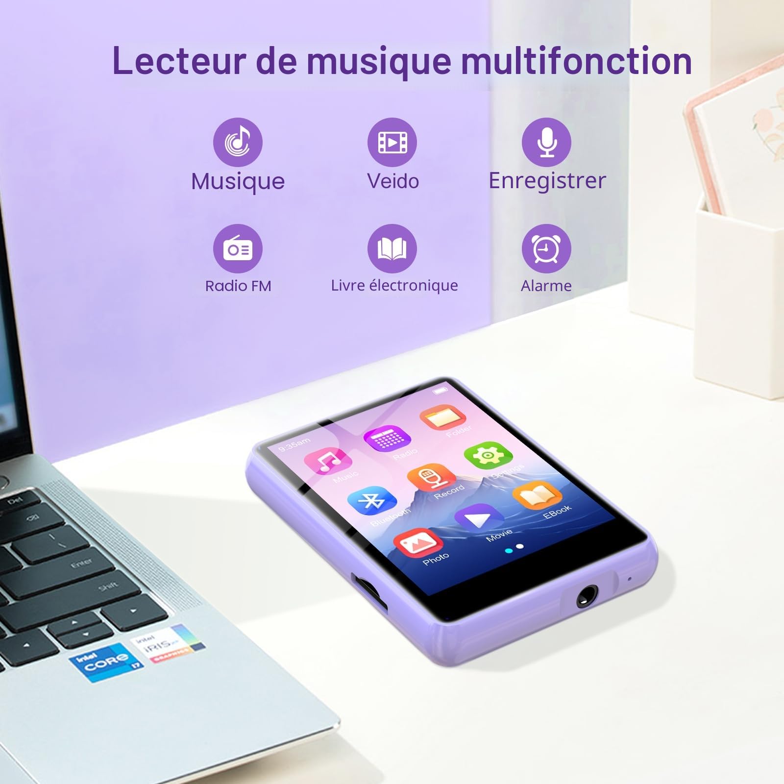 Lecteur MP3 128GB Bluetooth 5.3, ZAQE 2.4" Plein écran Tactile Lecteur MP3 Portable,Haut-parleurs Haute définition intégrés, Radio FM, Enregistrement, entrée Ligne, Son HiFi, jusqu'à 512GB, Violet
