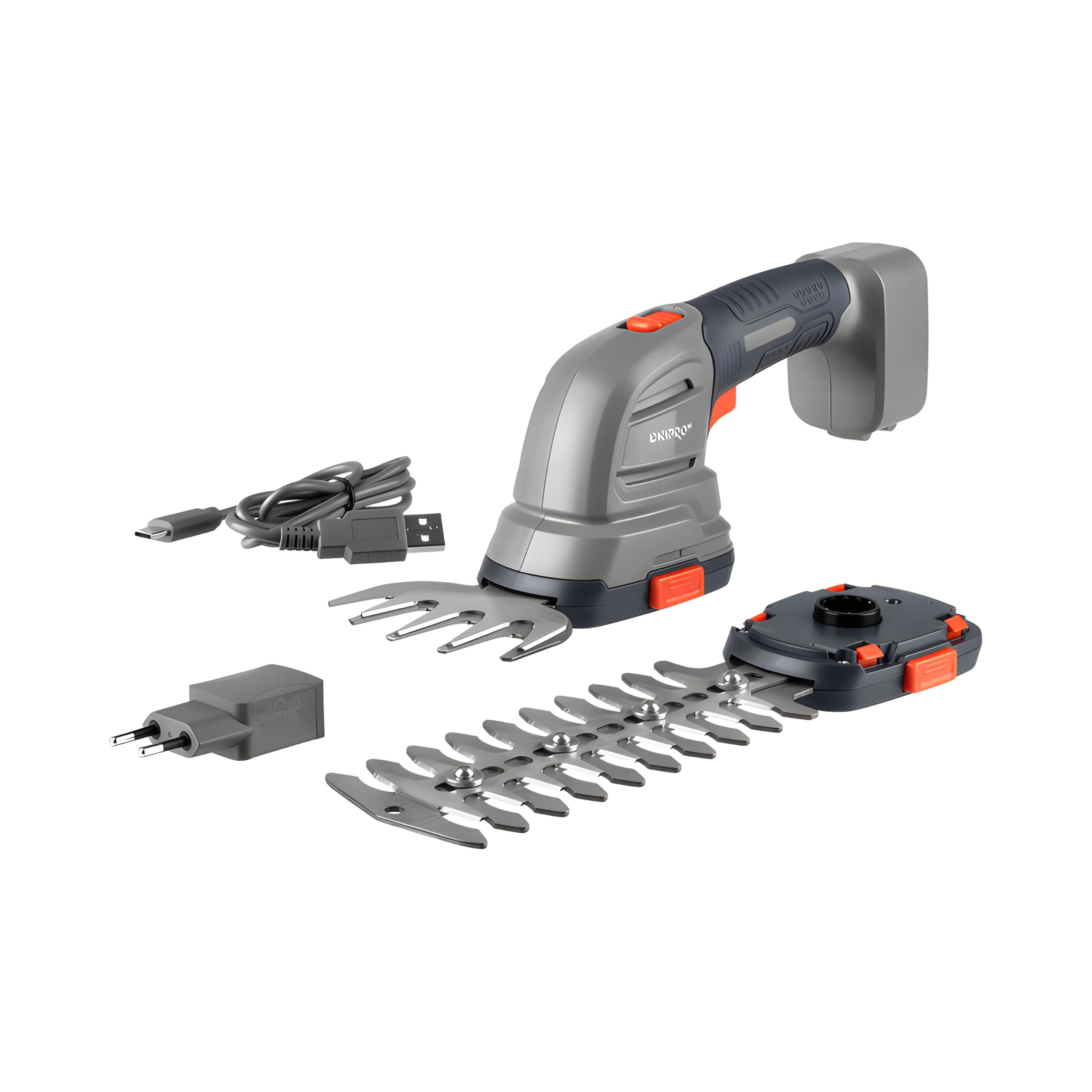 Tijeras de Jardín Inalámbricas GS-72 con Batería de 7,2V Li-Ion y 2 Cabezales Intercambiables - Cortacésped y Cortasetos sin Herramientas a 1300 RPM con Fundas Protectoras Incluidas - por Dnipro-M