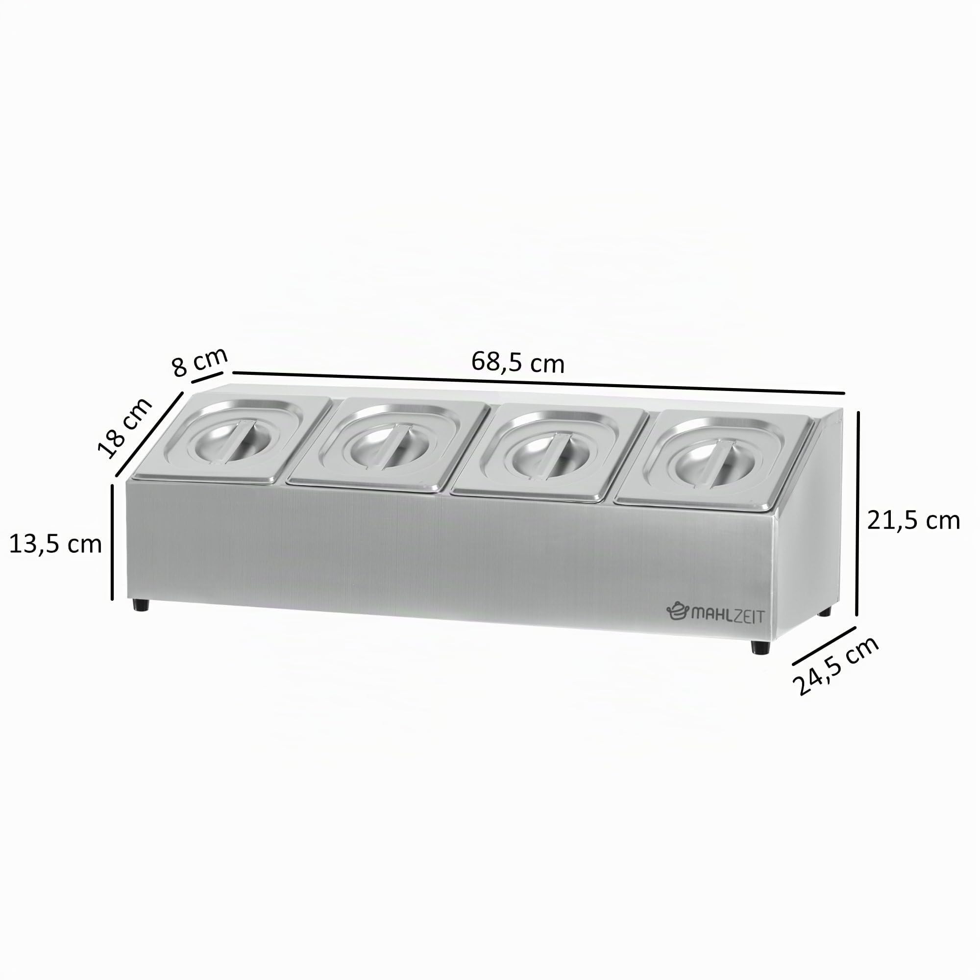 Mahlzeit Contenedor de Ingredientes con Tapa de Acero Inoxidable | 68,5 x 24,5 x 21,5 cm | 4 recipientes GN 1/6 | Para Catering, Gastromía, Cocina, Estación de Pizza, Buffet, Barra de Ensaladas