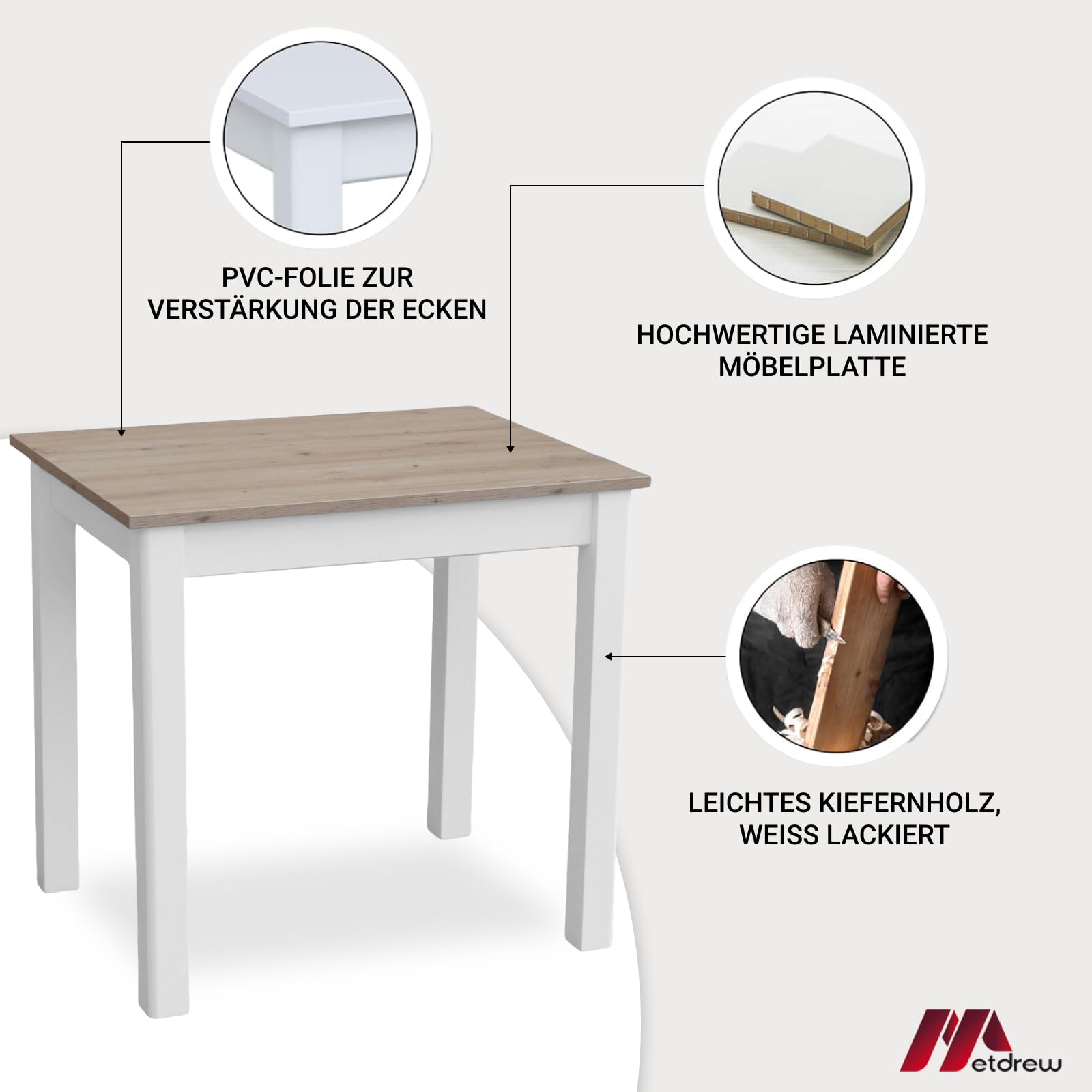 Esstisch aus Holz | 80x60 | holztisch | für 2 Personen | klein Tisch | Skandinavischer Stil | aus Kiefernholz | küchentisch | Tischplatte: Artisan Eiche