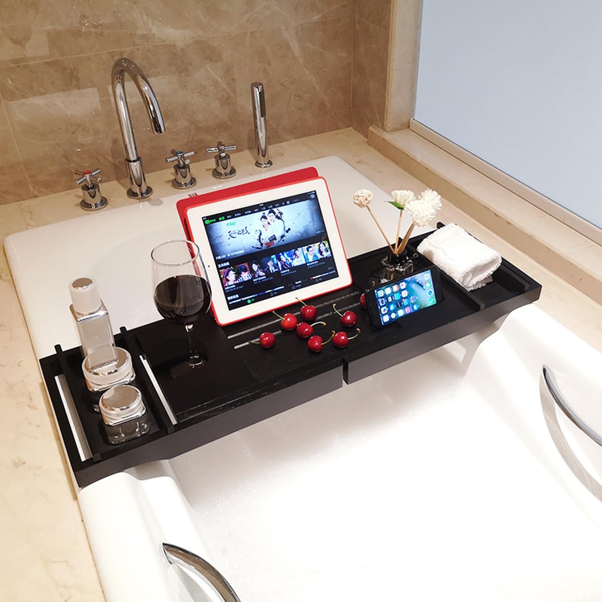 DOCIM Bandeja de Caddy de bañera de bambú, Bandeja de Caddy de bañera de bañera de bambú de Madera con Lados Extensibles construidos,Natural,Single Box