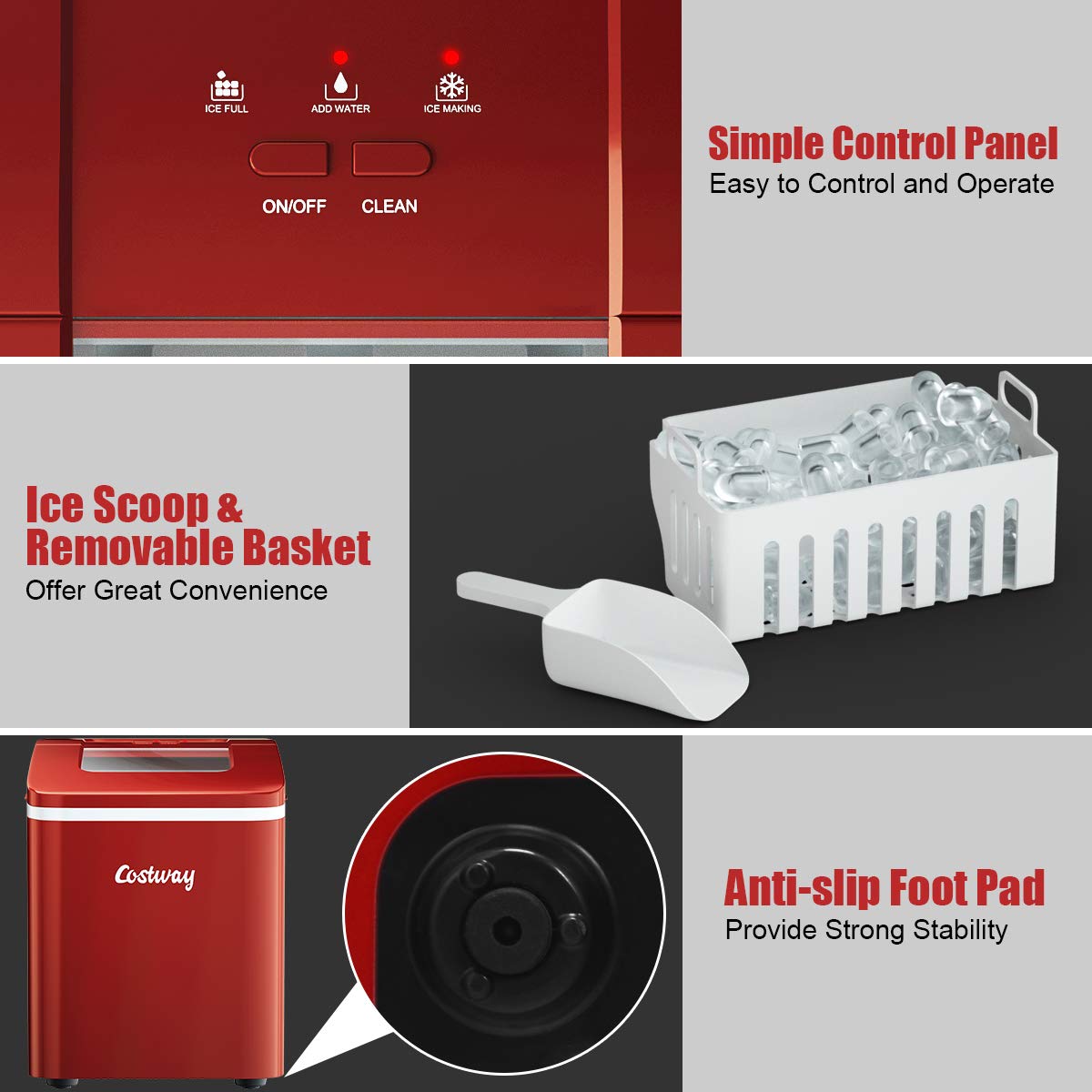COSTWAY Countertop Ice Maker, 26lbs/24h Portable Ice Machine With Self-Cleaning Function, Bullet Ice Cubes Ready In 8 Mins, Scoop And Removable Basket,Ice Maker For Home Party Bar, Red on Fridge.com - View 6