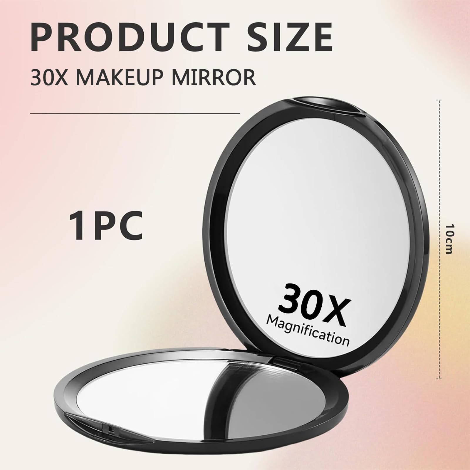 Espejo de Bolsillo Compacto con Aumento 1X/30X, Ideal para Viajar, Espejo de Maquillaje (Negro)