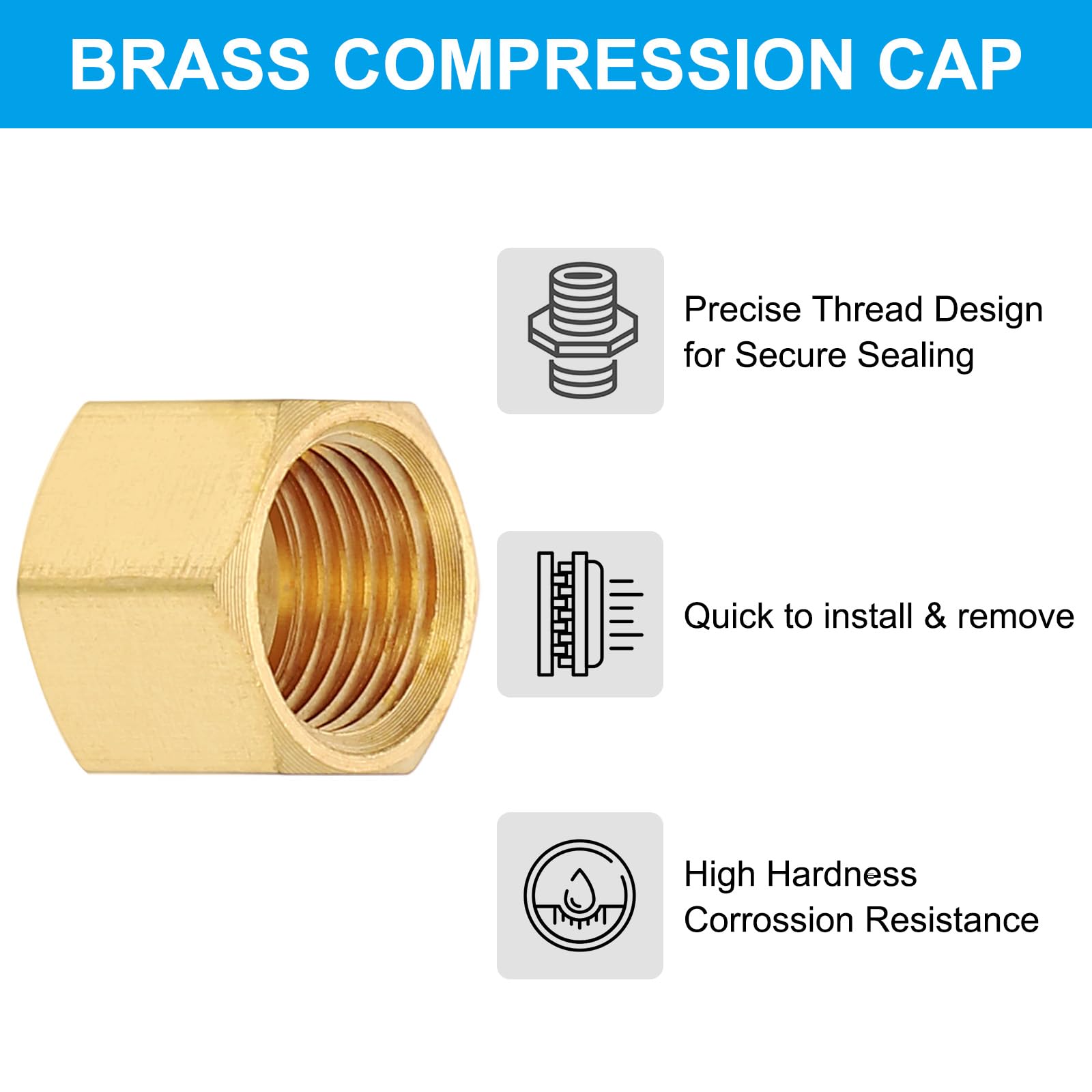 PATIKIL 1/4" Cappello Di Compressione In Ottone Con Valvola Di Arresto, 60Pcs Cappello Di Tenuta Per Tubazioni Con Filetto Esagonale Per Condizionatori D'Aria, Acqua, Aria, Linee Gas