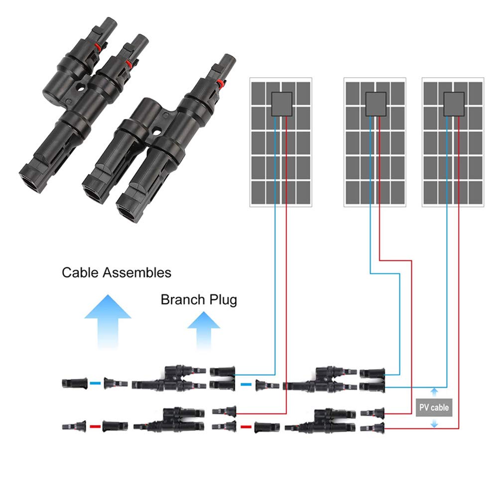 Connecteur Solaire MC4 T-Branch Mâle/Femelle – Paire 1M→2F + 1F→2M, 30A 1000V DC, IP67, Pour Panneaux Photovoltaïques