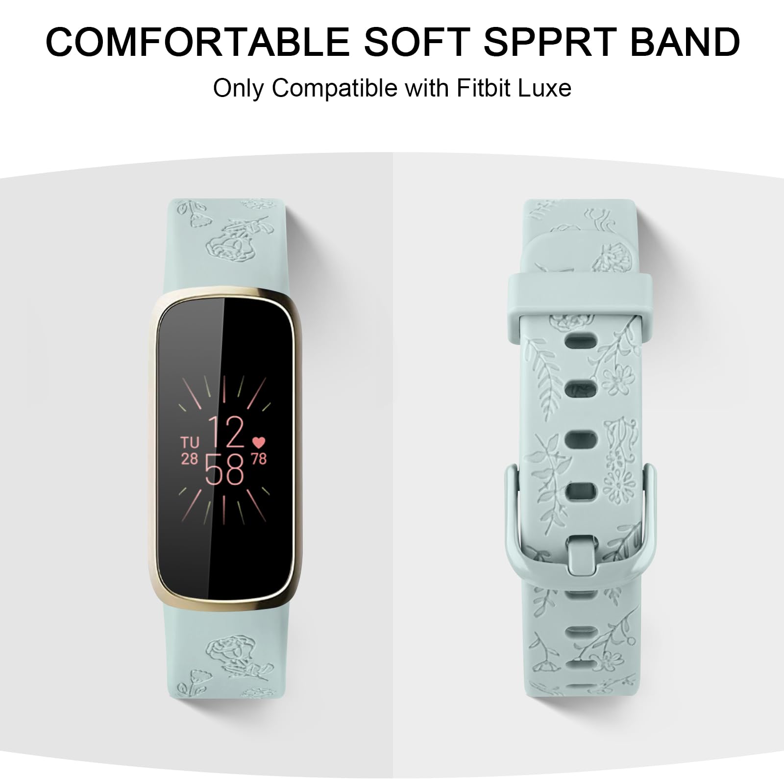 Tobfit Flower Pattern Strap compatible with Fitbit Luxe Straps for Women Men Fashionable Soft Silicone Engraved Replacement Watchband (Nude green,Small for 140mm - Image 3