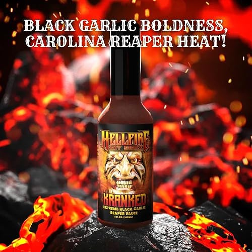 Miniatura 4 de Hellfire Hot Sauce Kranked - Salsa picante gourmet de ajo negro y Carolina Reaper, presentada en el programa de televisión Hot Ones, 5 onzas
