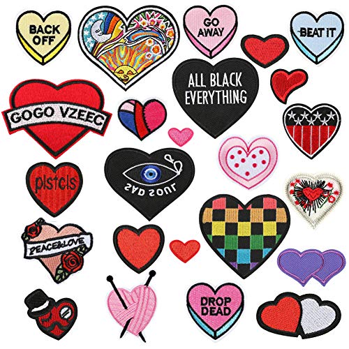 Choco Mocha 24PCS Heart Patch for Clothing Iron On Decals Hearts Patches for Girls Embroidered Decorative Sewing Appliques for Kids Pants Jeans Jacket Clothes, Hearts