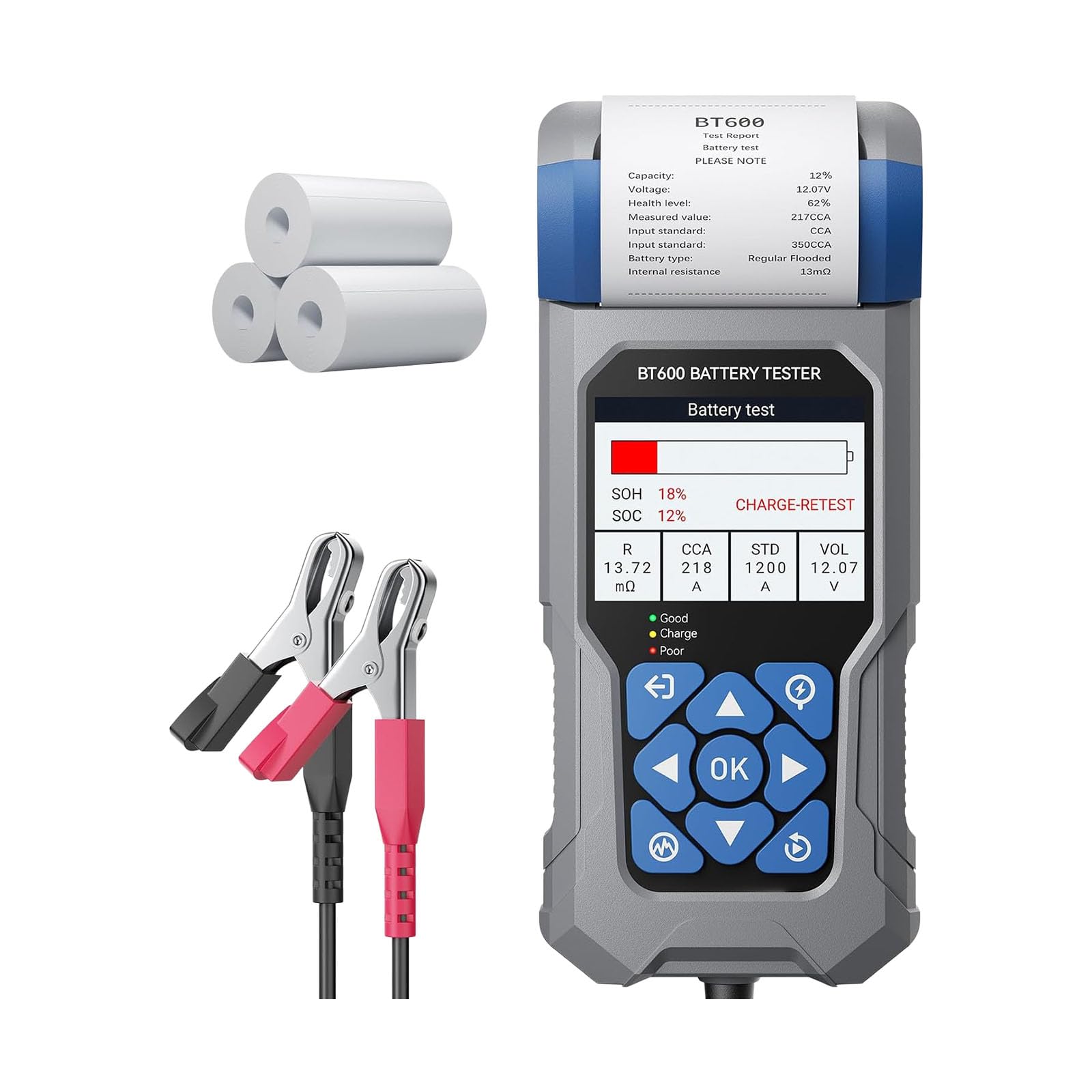 Probador de batería con impresora BT600 VDIAGTOOL para baterías de 6 V, 12 V, 24 V, comprobaciones de arranque y carga, pantalla a color, rollos de papel térmico incluidos