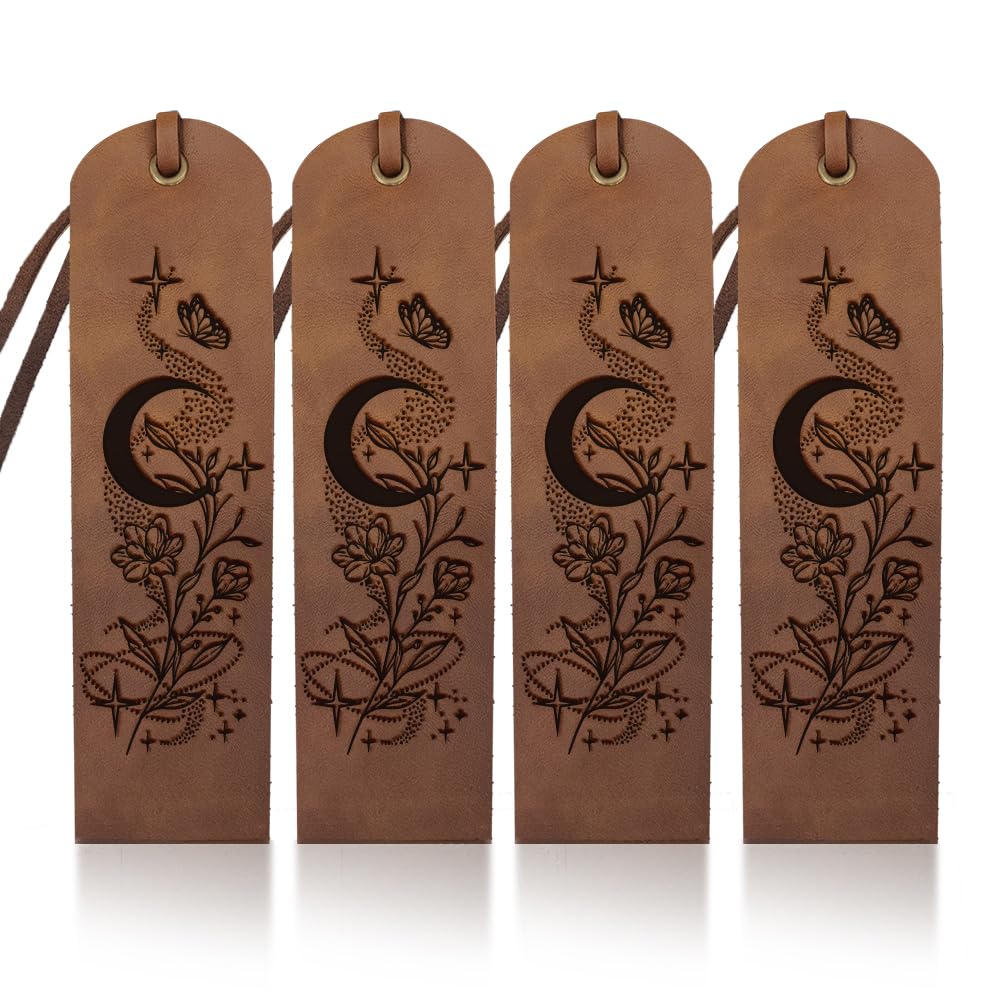 MAYJOYDIY Leather Bookmark, Moon Flower Design, Cowhide Material, Brown, 5x18cm