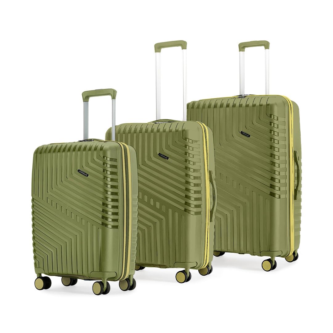 LAttitude By Provogue Core Set of 3 Trolley Bags Cabin + Medium + Large Polypropylene Hard Suitcase, 8 Spinner Wheels, Recessed Number Lock, Luggage for Men & Women Moss Green/Lunar Yellow