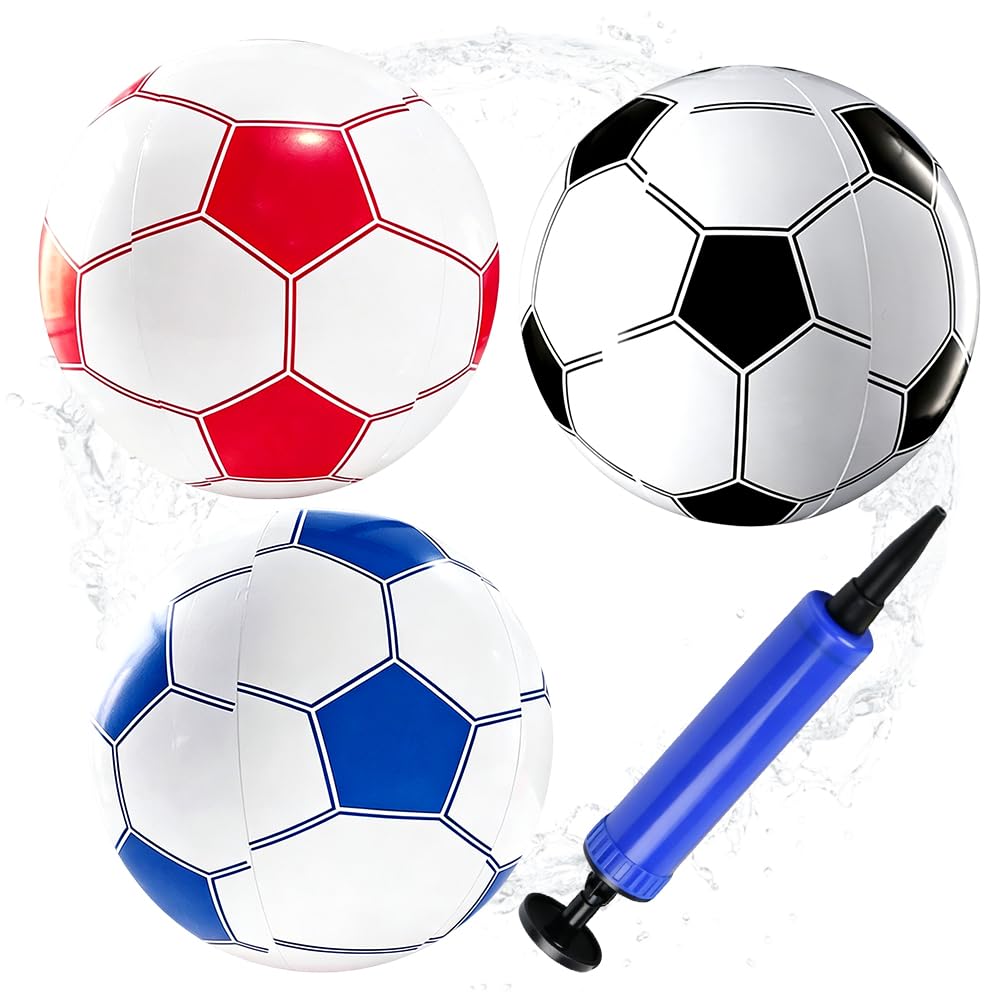Beach Football Large Beach Ball, Inflatable Football, Adults Pool Float Balls, Water Soccer Ball for Swimming Pool Beach Theme Party Outdoor Activities, Summer Party -3PCS (Red, Blue, Black)