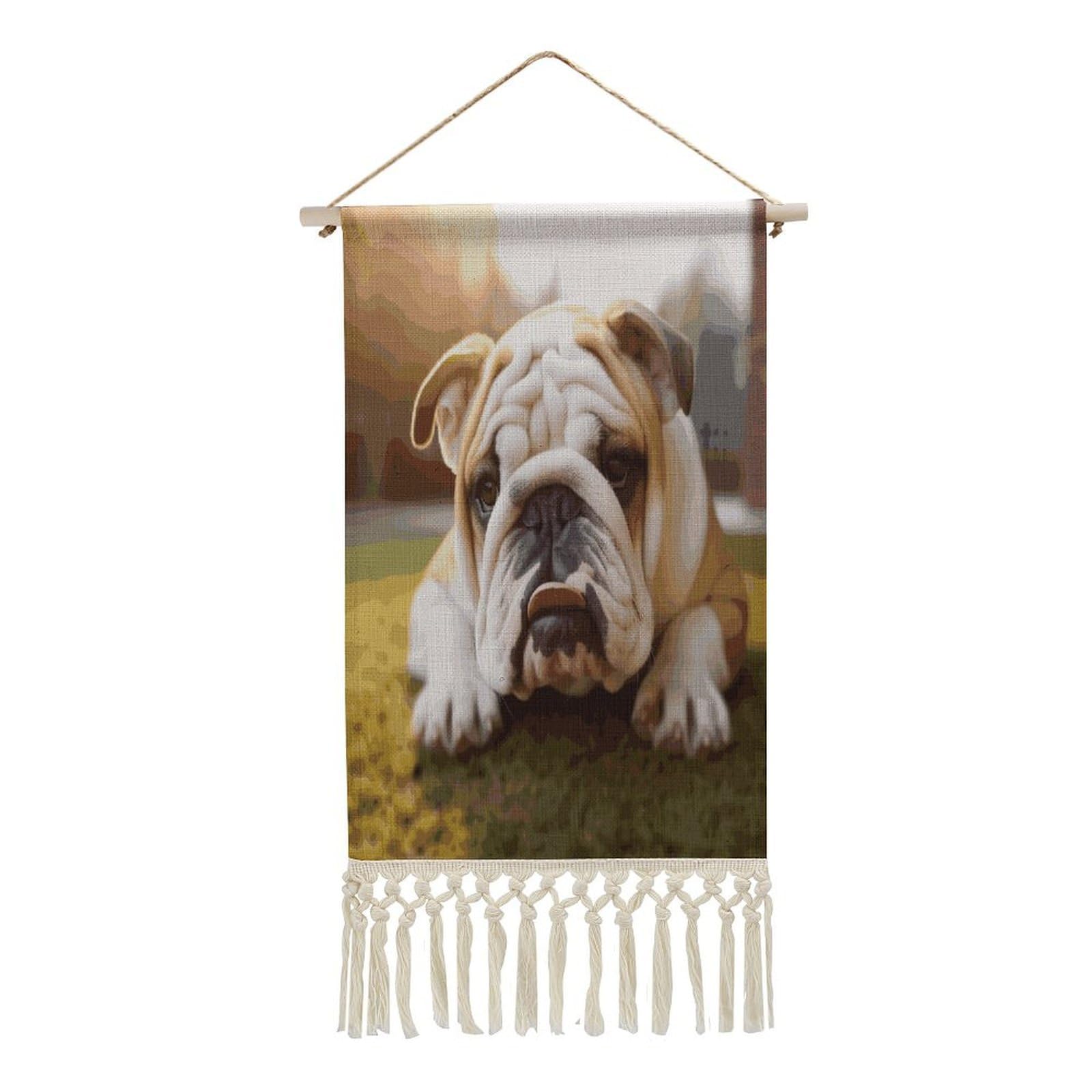 VstaDank Cute Bulldog Puppy Wall Art Decor with Tassels 20"x10" Cotton Linen Hanging Tapestry Decor Wall Art Prints Wood Frame Boho Wall Art Poster for Bedroom Living Room Office