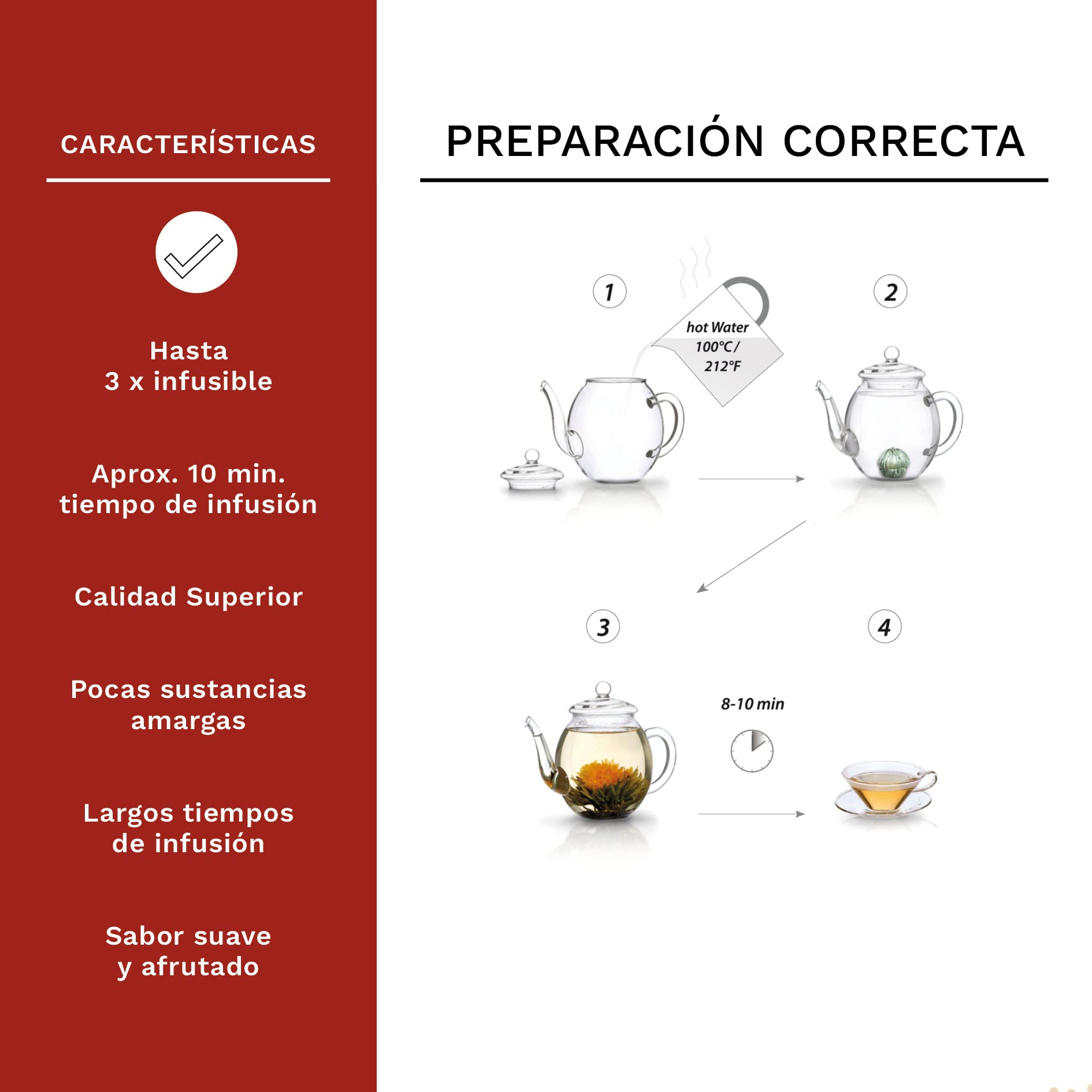 Creano Set XXL Flores de Té Blanco 18 uds Tetera 500ml Antigoteo Cofre Madera Regalo Boda
