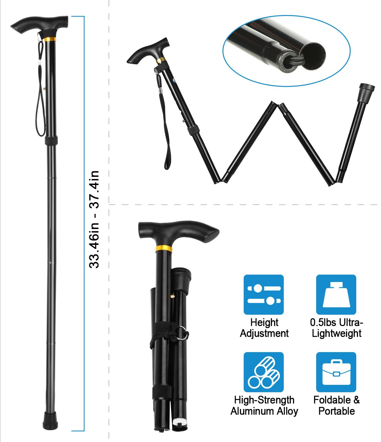 Travel Folding Trekking Hiking Pole Collapsible Cane Walking Stick Portable Mobility Aid for Women Men Hikers Gift, Black - 33.46in - 37.4in Adjustable Height