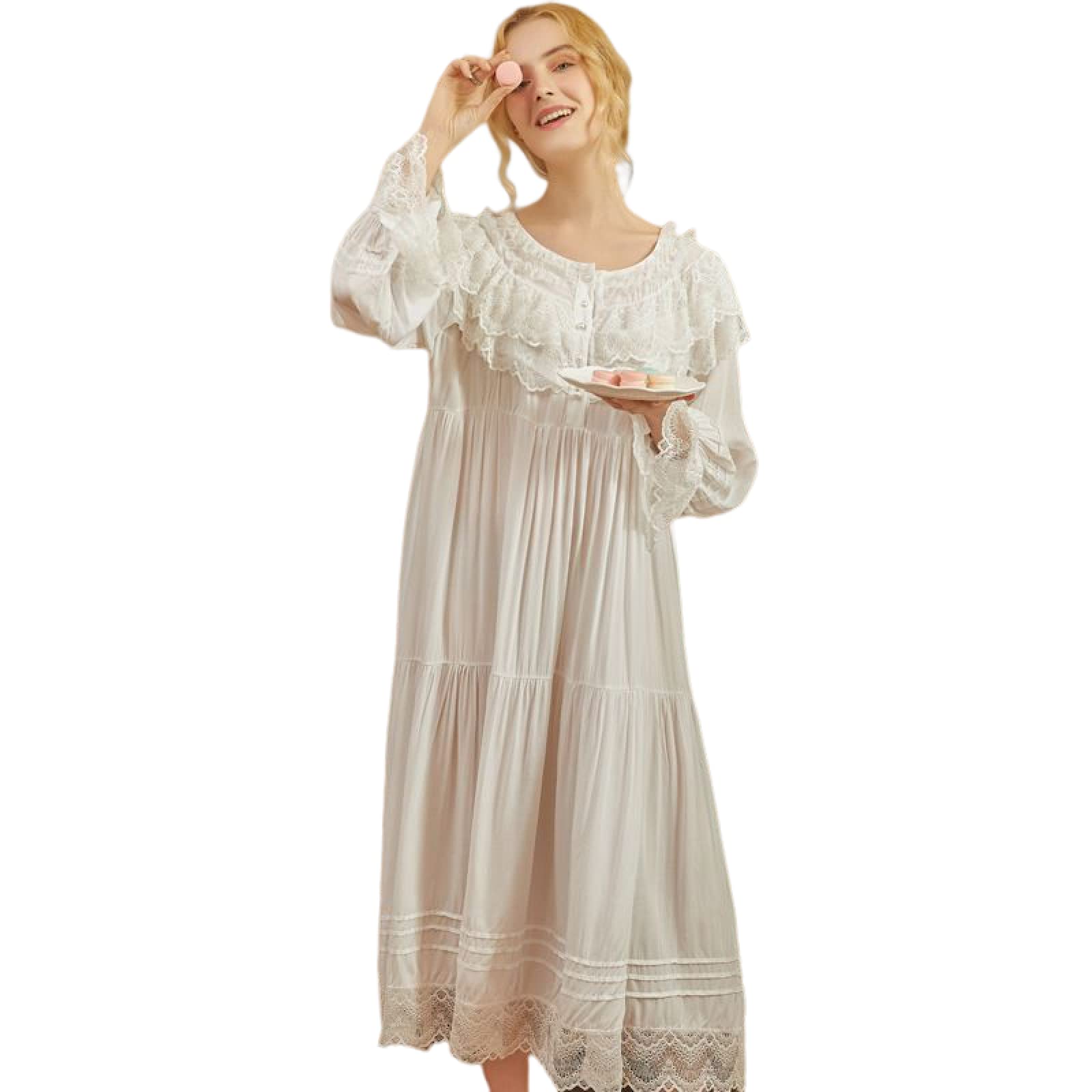 OFFSUM Camisón De Pijama De Mujer - Vestido De Encaje con Cuello Redondo Blanco Primavera Verano Elegante Camisón Vintage Princesa Ropa De Dormir Informal Bata De Novia De Gran Tamaño