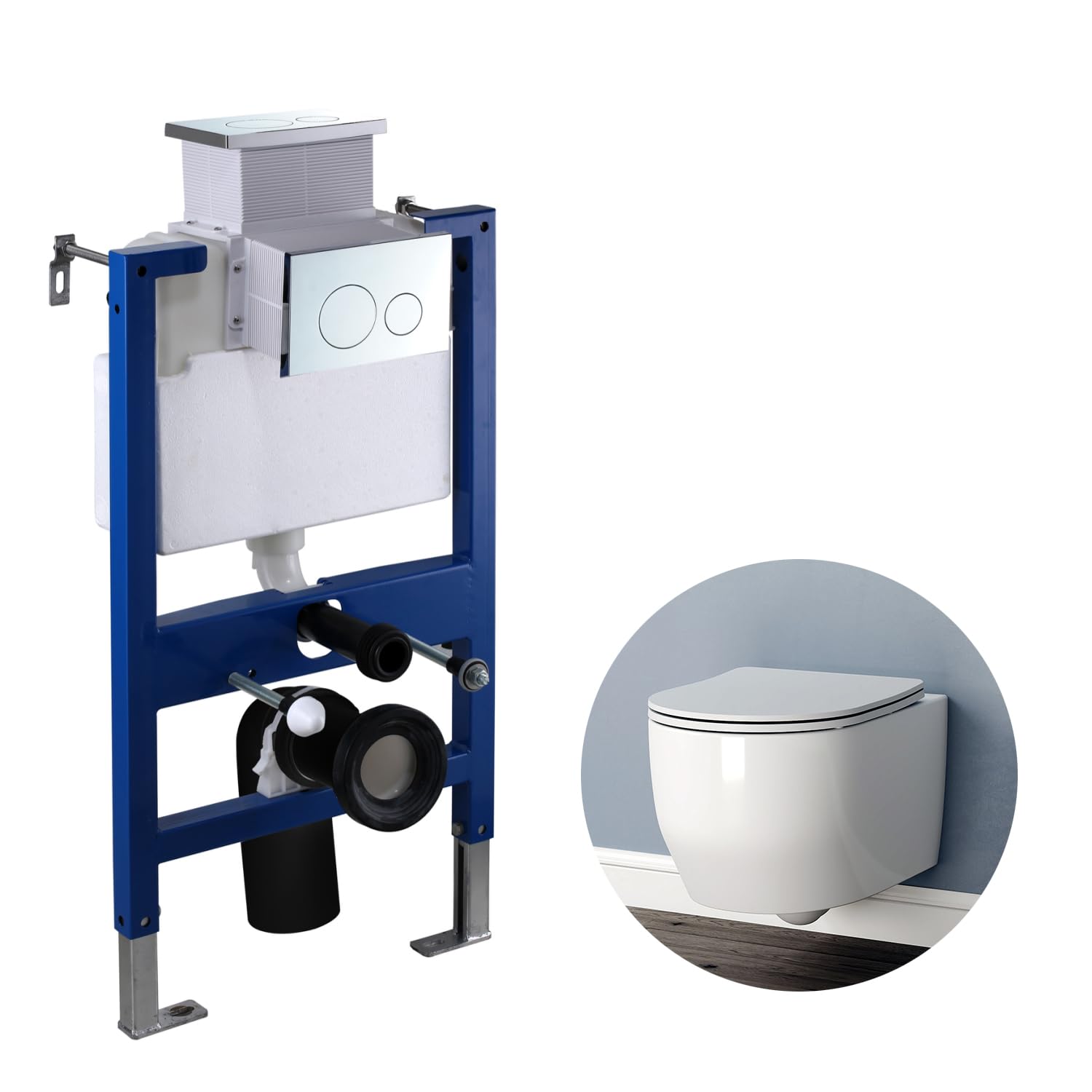 Simple Bathrooms Complete Set-E355-Aw-Uf+X201 Bathroom Round Rimless Wall Hung Toilet With 0.82M Concealed Cistern Frame Short Projection Wc Pan Uf Soft Close Seat White Ceramic