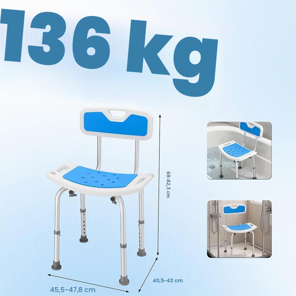 BAKAJI Sgabello da Doccia con Schienale per Anziani, Disabili e Persone con Mobilità Ridotta, Struttura in Alluminio Antiscivolo, Sedia Fori di Drenaggio e Altezza Regolabile, Carico max. 130kg