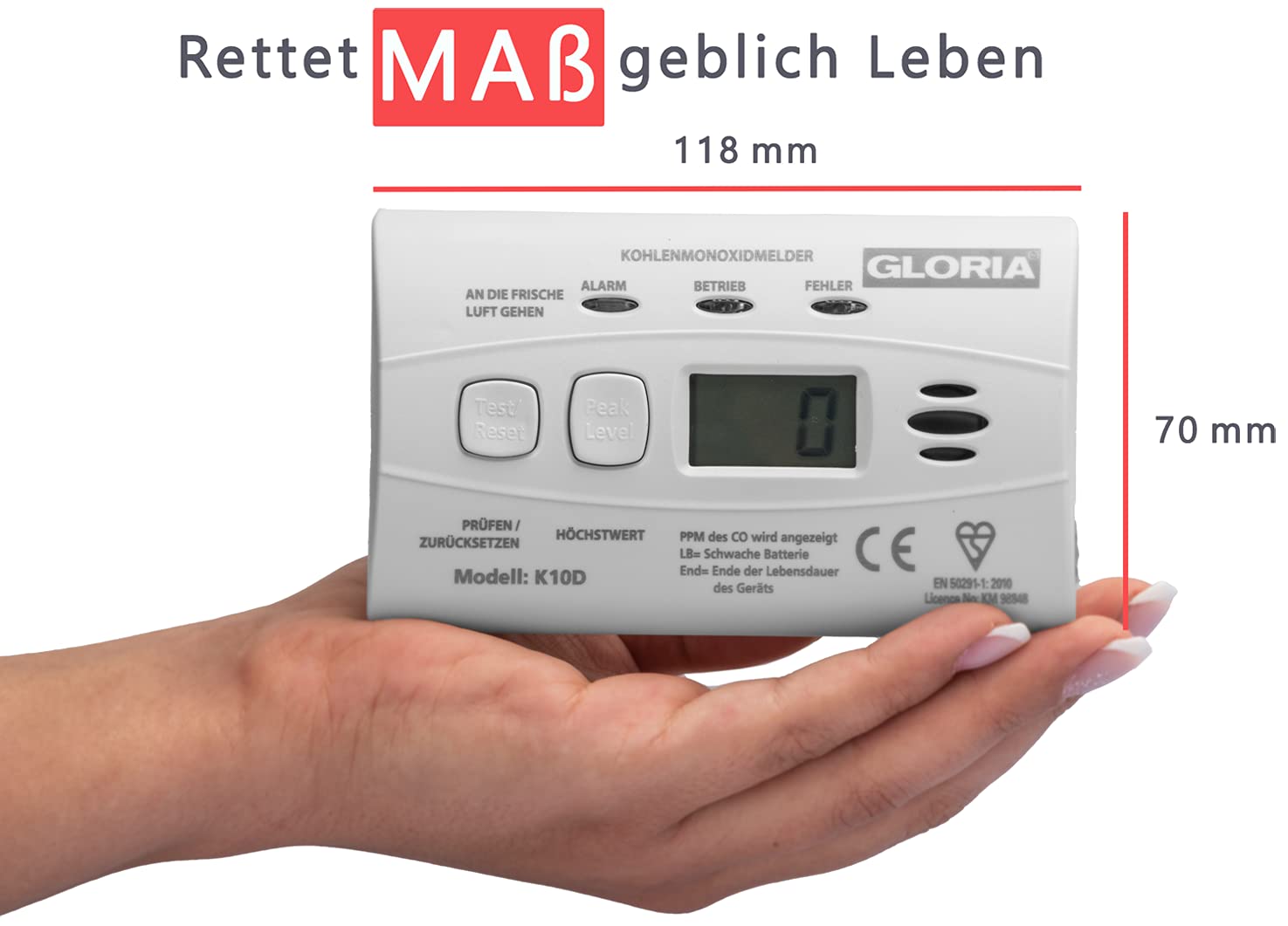 Gloria K10D Kohlenmonoxidmelder CO Melder mit Display u. 10-Jahres Batterie