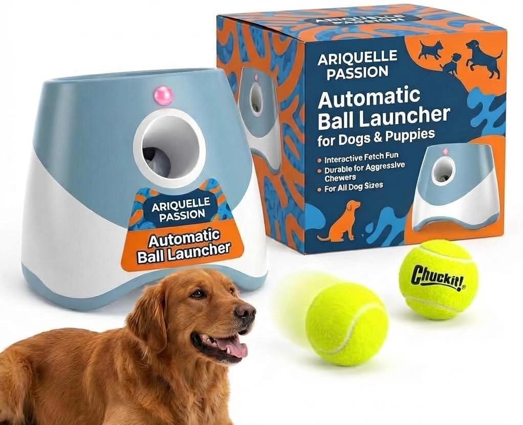Automatic Ball Launcher for Dogs & Puppies – Interactive Dog Ball Thrower, Tennis Balls for Dogs, ChuckIt Balls, Fetch Toys, Durable for Aggressive chewers (Blue)